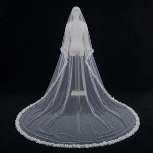Elegant Cathedral Length Wedding Veil Layered Soft Mesh 3D Floral Appliques Faux Artificial Pearl Hair Comb Bridal Accessory