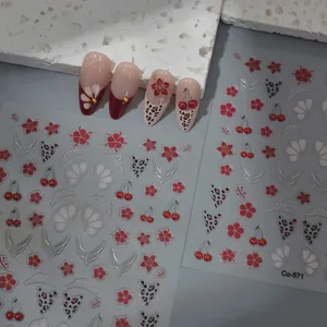 5D Nail Art Stickers Embossed Red Flower Cherry Fishtail Leopard Print Self-Adhesive Waterproof Manicure Decors DIY