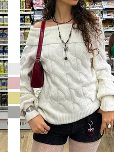 Women Off Shoulder Cable Knit Sweater Long Sleeve Chunky Pullover Solid Color Acrylic Polyamide Polyester Knitwear