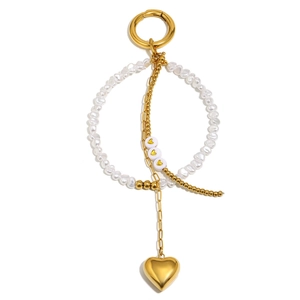 Porte-clés pendentif coeur en acier plaqué or 18K avec perles baroques et perles coeur