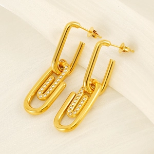 Paperclip Dangle Earrings Gold Plated Stainless Steel Rhinestone Geometric Interlocking Double Loop Jewelry Women