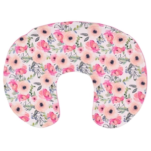 Detailed view of U-shaped breastfeeding pillow cover with pink floral watercolor print