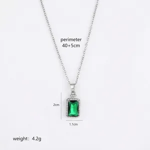 Square emerald-cut green zircon necklace with silver chain for women, 40+5cm length