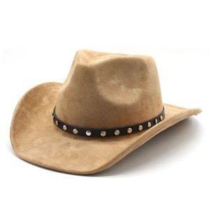 Western Cowboy Hat Suede Polyester Wide Brim With Rivet Leather Band Retro Sun Protection For Men Women