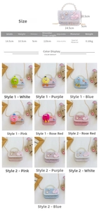 Detailed size chart and dimensions guide for girls' sequin handbags with pearl handles