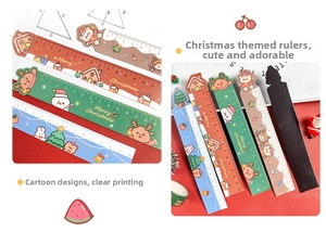Detail of 15cm Christmas rulers with 3D cartoon reindeer and Santa designs