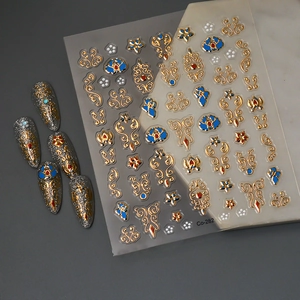 New Chinese palace style nail art stickers with gold embossed totems and grey glitter nails