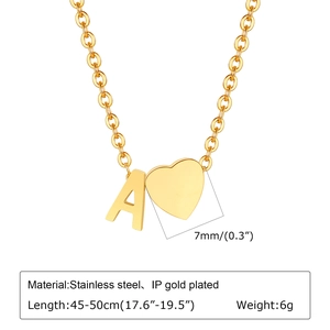 Detail view of 18K gold plated heart and letter A pendant necklace with size scale