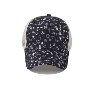 Black ponytail baseball cap with white graffiti print and breathable beige mesh back