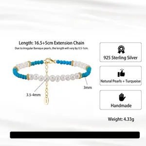 S925 silver beaded bracelet with natural baroque pearls and blue turquoise stones