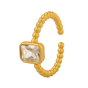 Adjustable gold beaded ring with rectangle clear zircon crystal on white background