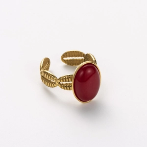 Vintage 18k gold plated stainless steel ring with oval red stone and textured band