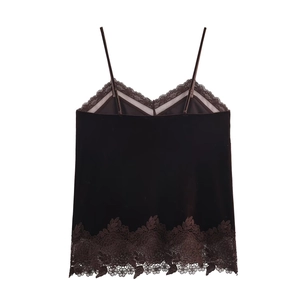 Lace-trim velvet camisole top with V-neckline in deep burgundy, studio flat lay image