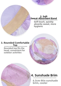 Detail view of purple sun hat featuring 6.5cm brim, soft embroidery, and sweatband design