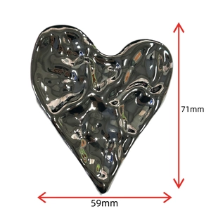 Polished silver heart-shaped brooch with precise dimensions of 59mm by 71mm