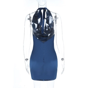 Detail of the back view showing halter neck ties and backless silk satin navy dress