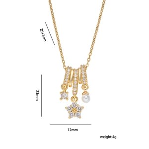 Golden five-petal flower zircon pearl necklace with size 23x12mm and 20+5cm chain length