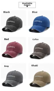 Detail view showing six vintage washed cotton baseball caps with distressed ripped texture