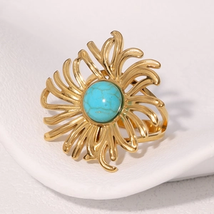 Détail de la bague en acier inoxydable doré 18k avec soleil et pierre de turquoise