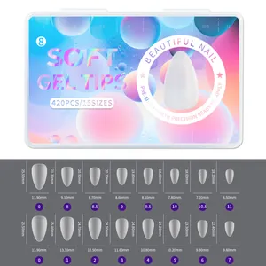 Detailed size chart for soft gel nail tips showing 15 sizes and 420 pieces measurements
