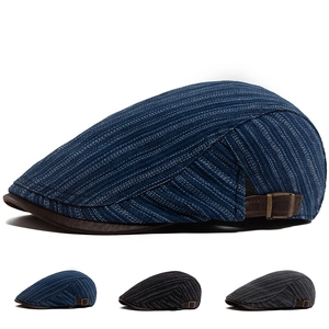 Vintage Striped Newsboy Cap Cotton Flat Ivy Hat With PU Leather Brim Adjustable Metal Buckle Retro Style For Men Women