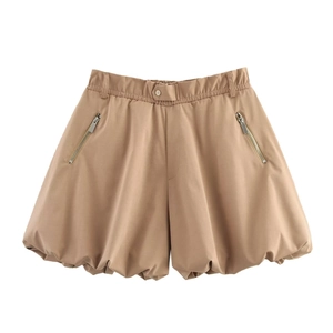 Pantaloncini A Palloncino Donna Vita Alta Cachi Fascia Elastica Tasche Con Cerniera Casual Linea A