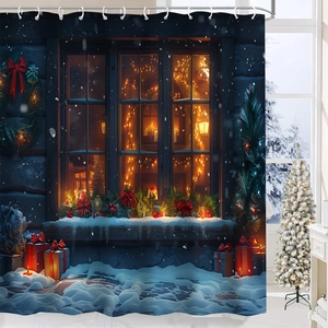 Details des Weihnachts-Duschvorhangs mit hochauflösendem Schneefenster-Druckmotiv