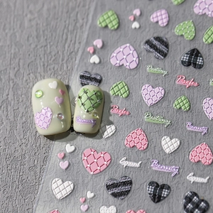 5D embossed heart nail stickers with pink argyle and checkerboard patterns for DIY manicure