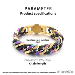 Détails macro d'un bracelet gourmette multicolore en acier inoxydable avec dimensions