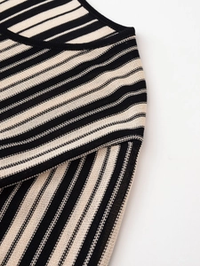 Detail of the crew neck and fine knit texture of this striped linen-feel top for women