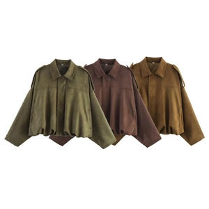 Women Faux Suede Bomber Jacket Lapel Collar Epaulets Short Cropped Zip Up Casual Solid Color