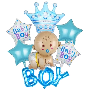 Blue foil balloon set featuring large crown, baby boy shapes and BOY letter balloons