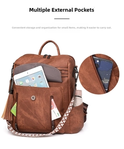 Detail view of brown PU leather backpack with geometric strap and fringe tassel charm