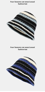 Close-up of striped knit texture on foldable bucket hats in blue and black colors