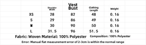 Detailed size chart for the woven polyester vest with dimensions in centimeters