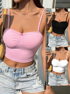 Caraco Court Sexy Pour Femme Bordure En Dentelle Buste Plissé Décor Rose Polyester Élasthanne Coupe Ajustée