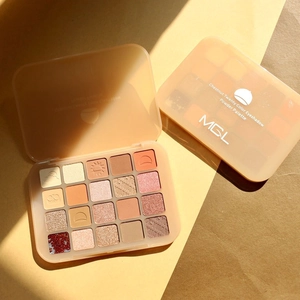 Close-up of 20-color eyeshadow palette with matte and shimmer earth tone textures