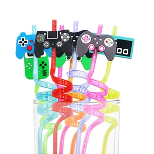 Colorful reusable spiral straws with silicone game controller toppers for party favors