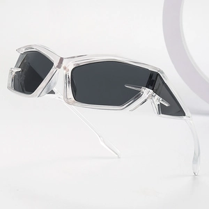 Futuristic Y2K style sunglasses with transparent frame and black lenses at 45-degree angle