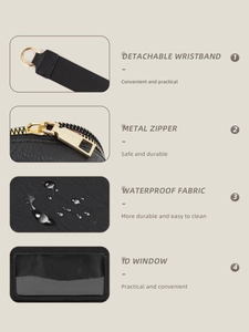 Detail of black PU wallet with wrist strap, waterproof fabric, and clear ID window