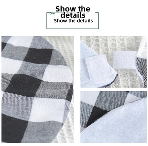 Close-up of black and white plaid tree skirt with hook-and-loop closure and soft lining