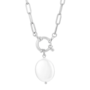 Minimalist silver paperclip chain necklace with large spring clasp and oval pearl pendant