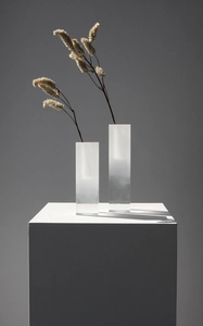 Detail of minimalist rectangular frosted acrylic vases with elegant dried flowers on white pedestals