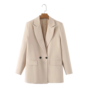 Detail view of beige double-breasted blazer collar and size S tag on wooden hanger