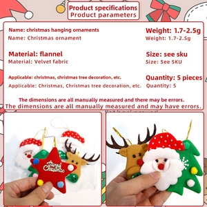 Detail of five assorted velvet Christmas ornaments featuring Santa and reindeer figures