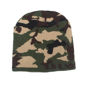 Close-up of the woodland camouflage knit beanie showing detailed texture and patterns