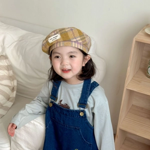 Kids vintage plaid beret hat in yellow and purple wool blend with a retro letter patch