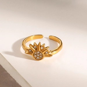 Adjustable golden stainless steel sunburst ring set with sparkling white zircon stones