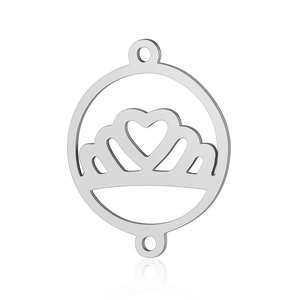 Macro view of silver stainless steel crown and heart shaped jewelry connector