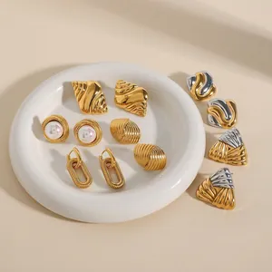 Elegant gold vintage stainless steel earring set with pearls and textured shell designs